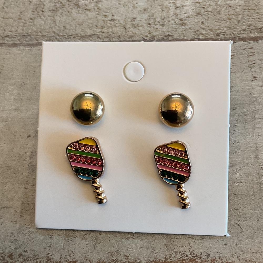 Colorful rhinestone gold tone pickleball paddle stud earring set of 2 New